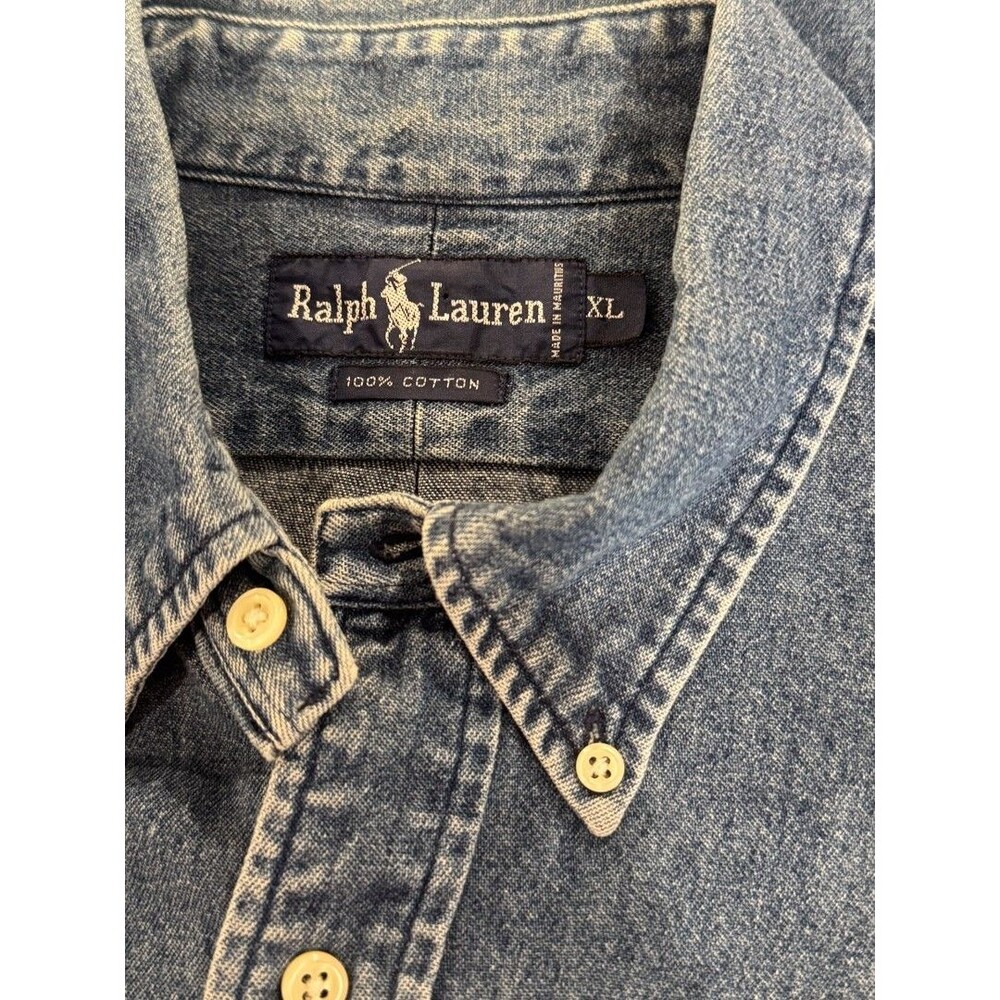 VINTAGE Ralph Lauren Mens Denim Shirt Blue Button Down Long Sleeve Pony 90s XL - Picture 3 of 10